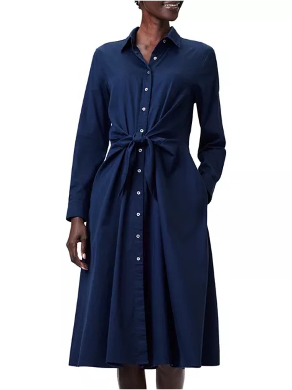 NIC+ZOE Jessie Tie Front Shirt Dress Dark Indigo Blue Midi Long Sleeve Medium